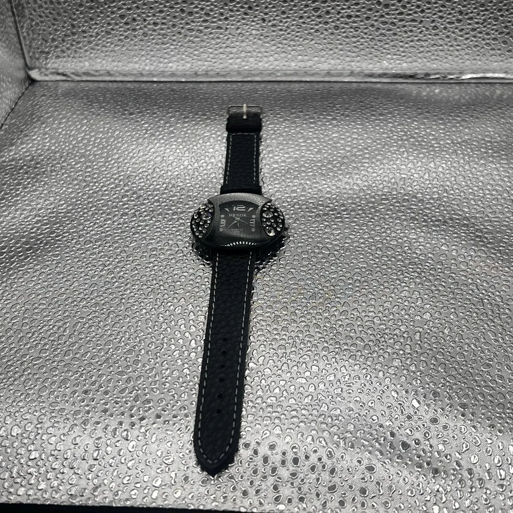 BRSDK Watch Quartz 3390 New Battery Black W/ Rhinestones Silver Numbers